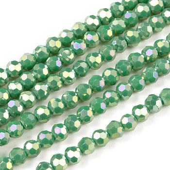 Faceted(32 Facets) Round Full Rainbow Plated Electroplate Glass Beads Strands, Medium Sea Green, 4mm, Hole: 1mm, about 90~95pcs/strand, 12.8~13.6 inch(32~34cm)