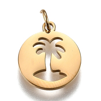 316L Surgical Stainless Steel Pendants, with Jump Rings, Flat Round with Hollow Palm Tree, Real 18K Gold Plated, 16x13.5x1mm, Hole: 3mm