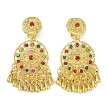 Bohemia Zinc Alloy Rhinestone Clip-on Earrings, Golden Tone Tassel Chandelier Earrings for Women, Colorful, 63x28mm