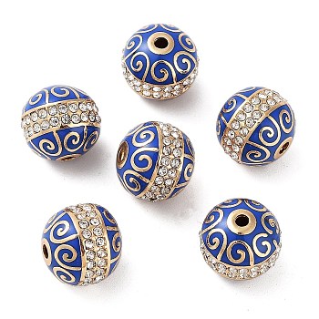 Golden Plated Alloy Rhinestone Beads, with Enamel, Round, Blue, 12x11mm, Hole: 1.6mm