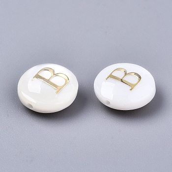 Natural Freshwater Shell Beads, with Golden Plated Brass Etched Metal Embellishments, Flat Round, Seashell Color, Letter.B, 8x3~5mm, Hole: 0.5~07mm
