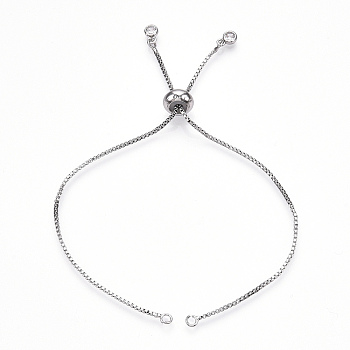 Rack Plating Adjustable Brass Slider Bracelet Making, with Cubic Zirconia, Long-Lasting Plated, Platinum, Single Chain Length: about 11.8~12.2cm