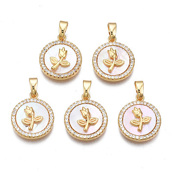 Brass Micro Pave Clear Cubic Zirconia Pendants, with Shell, Cadmium Free & Nickel Free & Lead Free, Flat Round with Flower, Real 18K Gold Plated, 16x13.5x3mm, Hole: 2.5x5mm