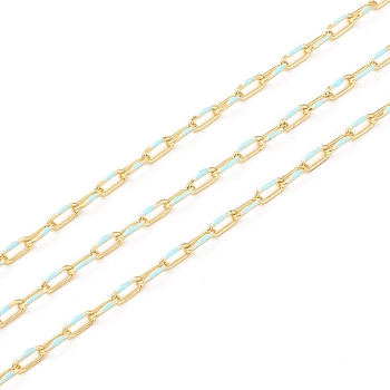 Handmade Golden Brass Enamel Link Chains, Cable Chains, with Spool, Soldered, Long-Lasting Plated, Oval, Cyan, 7x3x1mm, 32.8 Feet(10m)/roll