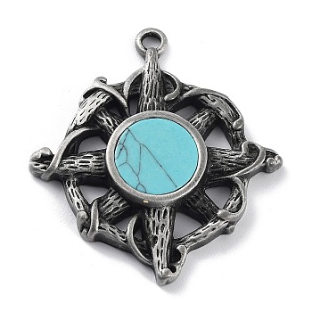 Tibetan Style Alloy Pendnat, with Synthetic Turquoise, Frosted, Cyan, 47.5x42.5x6mm, Hole: 3mm