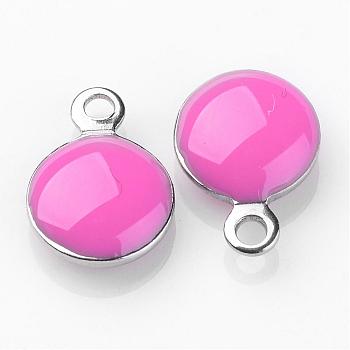 Stainless Steel Enamel Charms, Enamelled Sequins, Flat Round, Hot Pink, 11x8x3mm, Hole: 1mm