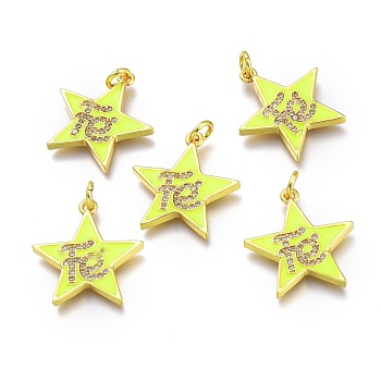 Brass Micro Pave Clear Cubic Zirconia Pendants, with Enamel and Jump Rings, Star with Word, Real 18K Gold Plated, Yellow, 20x19x2mm, Hole: 3mm