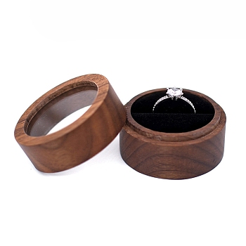 Round Wood Ring Storage Boxes, Wooden Wedding Ring Gift Case with Velvet Inside and Visible Window, for Wedding, Valentine's Day, Black, 50x35mm