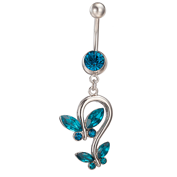 Piercing Jewelry Real Platinum Plated Brass Rhinestone Double Butterfly Navel Ring Belly Rings, Blue Zircon, 51x17mm, Bar Length: 3/8"(10mm), Bar: 14 Gauge(1.6mm)