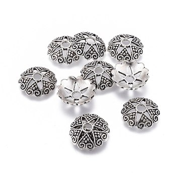 Nickel Free & Lead Free Alloy Fancy Bead Caps, Long-Lasting Plated, 6-Petal, Flower, Antique Silver, 20x6mm, Hole: 2mm