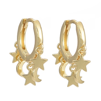 Brass Huggie Hoop Earrings, Long-Lasting Plated, Star and Moon, Real 18K Gold Plated, 18.5mm, Pin: 0.9mm