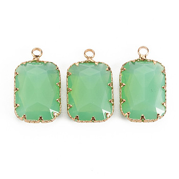 Transparent Glass Pendants, with Brass Prong Settings, Faceted, Rectangle, Light Gold, Light Green, 24x14x6mm, Hole: 1.6mm