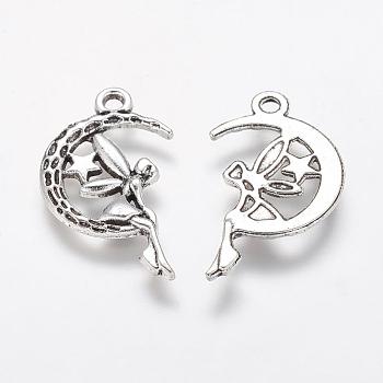 Tibetan Style Alloy Moon with Fairy Pendants, Halloween, Cadmium Free & Lead Free, Antique Silver, 25.4x14x2mm, Hole: 2mm, about 454pcs/500g
