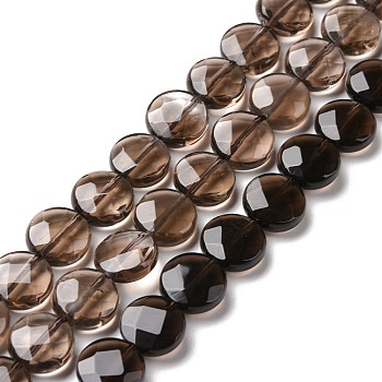 Natural Smoky Quartz Beads Strands, Flat Round, Faceted, 10x4mm, Hole: 1mm, about 39pcs/strand, 15.55 inch(39.5cm)