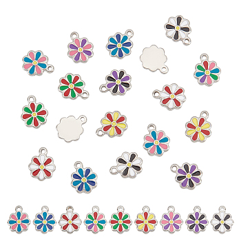 DICOSMETIC 18Pcs 9 Colors 304 Stainless Steel Charms, with Enamel, Flower, Mixed Color, 12.5x10x2mm, Hole: 1.5mm, 2pcs/color