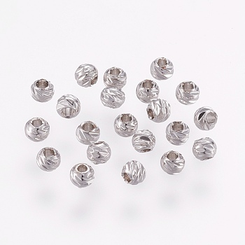 Carved Brass Beads, Long-Lasting Plated, Round, Real Platinum Plated, 2.5~3x2mm, Hole: 1mm
