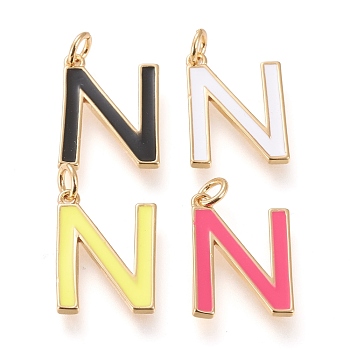 Brass Enamel Pendants, with Jump Ring, Long-Lasting Plated, Real 18K Gold Plated, Letter.N, Mixed Color, Letter.N, N: 18x13x1.8mm, Jump Rings: Inner Diameter: 3mm