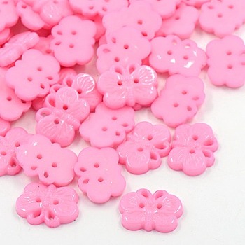 Acrylic Buttons, 2-Hole, Dyed, Butterfly, Pink, 18x14x3mm, Hole: 1mm
