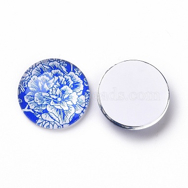 Blue and White Floral Printed Glass Flatback Cabochons(X-GGLA-A002-20mm-XX)-2