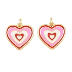 Brass Enamel Pendants, Heart Charms, Long-Lasting Plated, Rack Plating, Lead Free & Cadmium Free, Real 18K Gold Plated, Pink, 16x16x2mm, Hole: 3.5mm(KK-L275-70B-G)