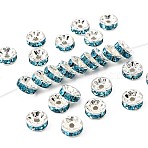 Brass Grade A Rhinestone Spacer Beads, Silver Color Plated, Nickel Free, Rondelle, Aquamarine, 8x3.8mm, Hole: 1.5mm(RSB038NF-13)