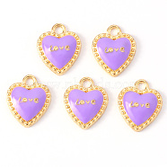 Alloy Enamel Pendants, Heart, with Word LOVE, for Valentine's Day, Light Gold, Purple, 16x13x3mm, Hole: 2mm(ENAM-S121-038C)