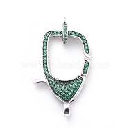 Brass Micro Pave Cubic Zirconia Lobster Claw Clasps, with Bail Beads/Tube Bails, Green, Platinum, Clasp: 31x21x7mm, Hole: 3mm, Tube Bails: 10x8x2mm, Hole: 1mm(ZIRC-F110-94P-02)
