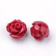 Dyed Synthetic Coral Beads, Flower, Half Drilled, Dark Red, 10x10x8.5mm, Hole: 1.5mm(CORA-S023-09N)