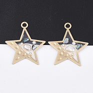 Epoxy Resin Pendants, with ABS Plastic Imitation Pearl and Shell, Alloy Findings, Star, Matte Gold Color, Creamy White, 38.5x33.5x3~5mm, Hole: 3mm(X-RESI-S365-65B)
