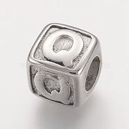 304 Stainless Steel European Beads, Horizontal Hole, Large Hole Beads, Cube with Letter.Q, 8x8x8mm, Hole: 4mm(STAS-G134-01P-Q)