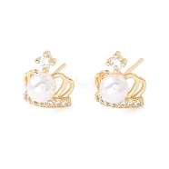 Clear Cubic Zirconia Crown Stud Earrings with Acrylic Pearl, Brass Jewelry for Women, Lead Free & Cadmium Free, Real 18K Gold Plated, 12x11mm, Pin: 0.8mm(EJEW-F282-37G)
