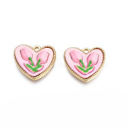 Rack Plating Spray Painted Alloy Charms, with Enamel, Cadmium Free & Lead Free, Heart with Tulip Flower, Pearl Pink, 13x14.5x4.5mm, Hole: 1.4mm(ENAM-T017-11)