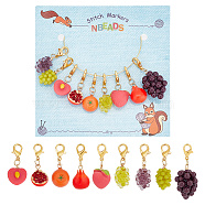 Resin Imitation Fruit Theme Stitch Markers, Crochet Lobster Clasp Charms, Locking Stitch Marker with Wine Glass Charm Ring, Pomegranate/Grape/Peach, Mixed Color, 2.8~3.8cm, 9 style, 2pcs/style, 18pcs/set(HJEW-AB00185)