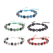 Synthetic Hematite & Natural Lava Rock Braided Bead Bracelet with Rhinestone Disc Ball, Essential Oil Gemstone Jewelry for Women, Mixed Color, Inner Diameter: 2-1/4 inch~3-3/4 inch(5.8~9.4cm)(BJEW-JB07895)
