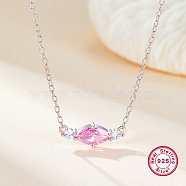 S925 Sterling Silver Cubic Zirconia Horse Eye Pendant Necklace, Elegant and Versatile for Women, Silver, Pink, 15.75 inch(40cm)(RC5464-4)