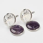 Natural Amethyst Pendants, with Brass Diffuser Locket Findings, Flat Round with Tree, 31x26x8mm, Hole: 4mm(G-G910-F03)