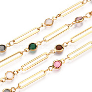 Real 16K Gold Plated Brass Oval Link Chains, with Flat Round Glass Beaded, Soldered, with Spool, Colorful, 16x3x0.05mm, 10x4.5x2mm(CHC-TADZ0001-01G)