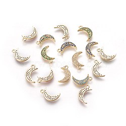Brass Micro Pave Cubic Zirconia Pendants, Moon, Mixed Color, Golden, 13.5x8x2mm, Hole: 1.4mm(ZIRC-F098-36G)