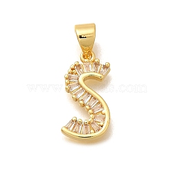 Rack Plating Brass Micro Pave Cubic Zirconia Pendants, Long-Lasting Plated, Lead Free & Cadmium Free,Real 18K Gold Plated, Letter Charms, Letter S, 16.5x9.5x2mm Hole: 5x3mm(KK-L226-100G-S)