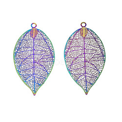 Ion Plating(IP) 304 Stainless Steel Filigree Pendants, Etched Metal Embellishments, Leaf, Rainbow Color, 49x26x0.2mm, Hole: 2mm(STAS-S118-065)