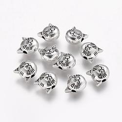 Tibetan Style Alloy Beads, Cat Head, Lead Free & Cadmium Free, Antique Silver, 8x8x5mm, Hole: 2mm(TIBEP-GC178-AS-RS)