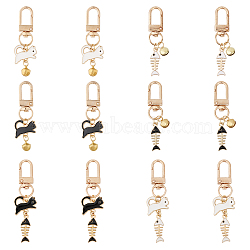 6 Sets 3 Style Cat & Fishbone Alloy Enamel Charms Pendants Decoration, with Bell and Swivel Clasps, Mixed Color, 72mm, 2 set/style(KEYC-CA0001-51)