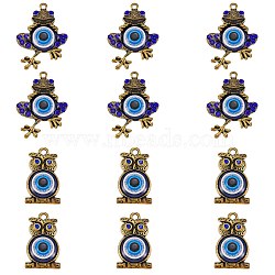 12Pcs 2 Style Alloy Pendants, with Resin and Rhinestone, Owl & Frog with Evil Eye, Antique Bronze, 30x18x5.5mm, Hole: 1.8mm and 37.5x27.5x5mm, Hole: 2mm, 6pcs/style(FIND-SZ0002-51)