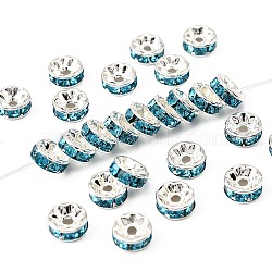 Brass Grade A Rhinestone Spacer Beads, Silver Color Plated, Nickel Free, Rondelle, Aquamarine, 8x3.8mm, Hole: 1.5mm(RSB038NF-13)