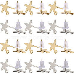 40Pcs 2 Colors Starfish Shape 201 Stainless Steel Stud Earring Findings, with Horizontal Loop and 316 Stainless Steel Pin, 50Pcs Silicone Ear Nuts, 925 Sterling Silver Plated & Real 24K Gold Plated, 11.5x8.5mm, Hole: 1.4mm, Pin: 0.7mm, 20Pcs/color(STAS-SC0007-94)