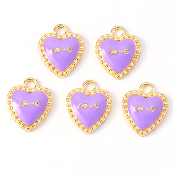 Alloy Enamel Pendants, Heart, with Word LOVE, for Valentine's Day, Light Gold, Purple, 16x13x3mm, Hole: 2mm