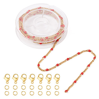 DIY Chain Bracelet Necklace Making Kit, Iincluding Golden 304 Stainless Steel Enamel Curb Chains & Jump Rings & Clasps, FireBrick, Chain: 2.5x2x0.8mm, 1M/set