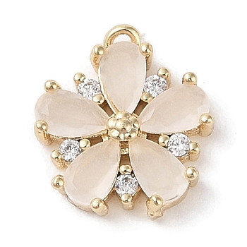 Brass Micro Pave Cubic Zirconia Charms, Real 18K Gold Plated, Flower, WhiteSmoke, 13x11.5x3mm, Hole: 1mm