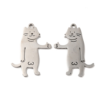 304 Stainless Steel Pendants, Cat Charm, Stainless Steel Color, 35x26x1.5mm, Hole: 2.5mm