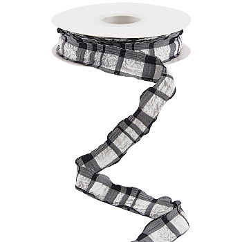 Cloth Plaid Ribbon, Pleated Gift Wrapping Ribbons, for Hair Crafts Bow Bouquet Presents Packing, Black, 1 inch(25mm), about 10.00 Yards(9.14m)/Roll